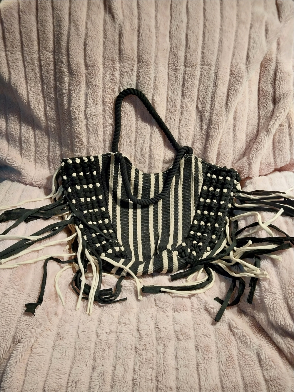 Striped Black & White Fringe Satchel Tote